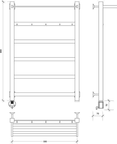 Полотенцесушитель электрический Secado Корсико 1 КСП , 80x50 ТЭН квадратный, черный матовый, L Sancos — официальный сайт