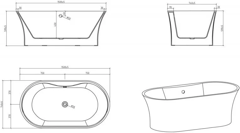 Акриловая ванна BelBagno BB201-1500-800 без опоры 150x80 см, отдельностоящая, белая, овальная, со сл Sancos — официальный сайт