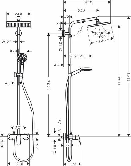 Душевая стойка Hansgrohe Crometta E 240 1jet Showerpipe 27284000 Sancos — официальный сайт