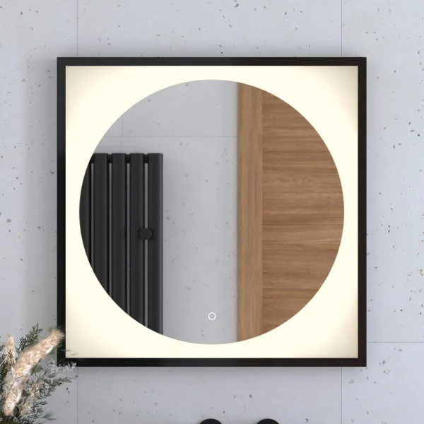 Зеркало Defesto Eclipse DF 2232S 70х70 черная рама, с LED-подсветкой, 3000К, сенсорный выключатель