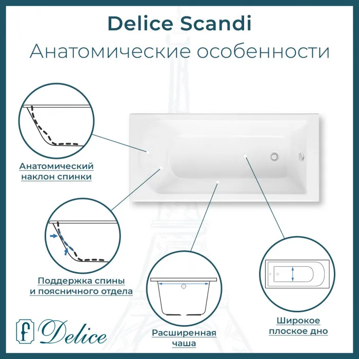 Ванна из литьевого мрамора Delice Scandi 175х70 см, пристенная с ручками хром