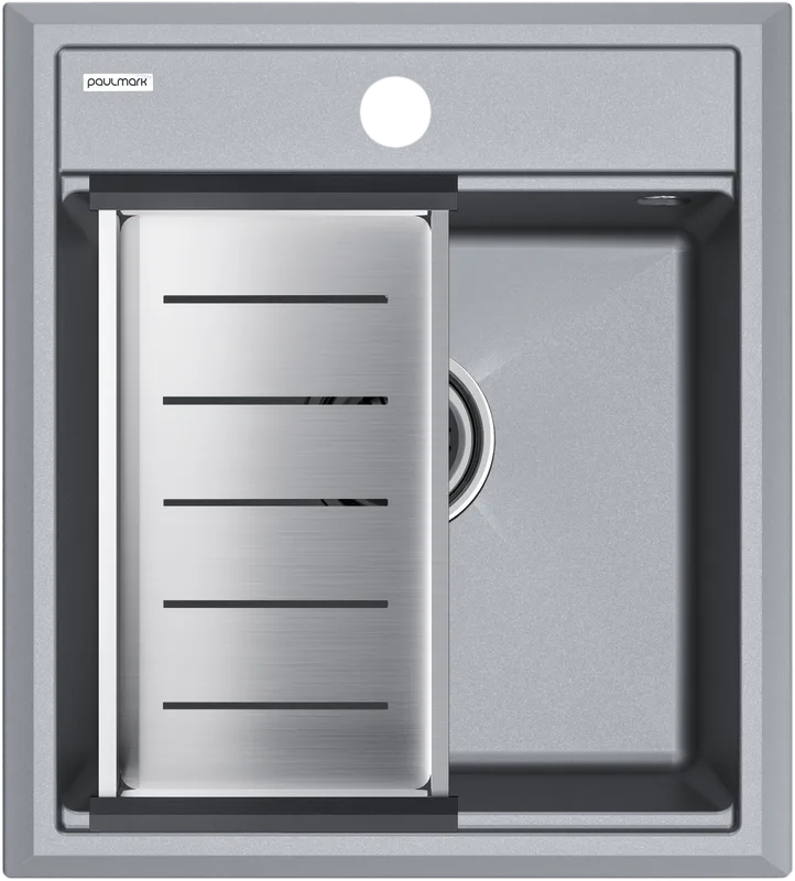 Мойка кухонная Paulmark Stepia PM114651-GRM+A375-BS с коландером, серый металлик Sancos — официальный сайт