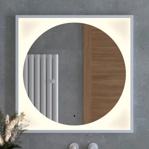 Зеркало Defesto Eclipse DF 2238R 80х80 белая рама, с LED-подсветкой, 3000К, инфракрасный выключатель