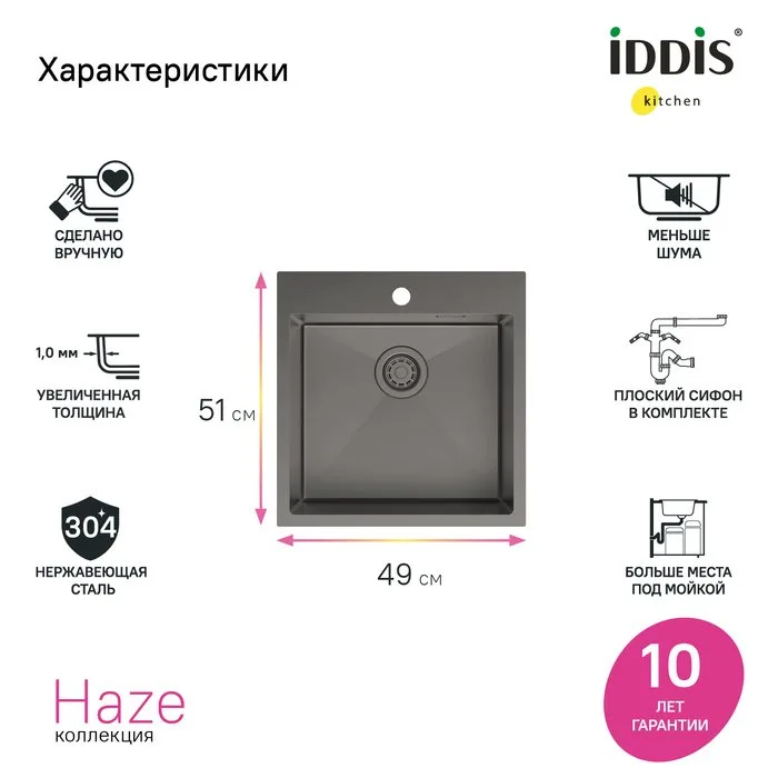 Мойка кухонная IDDIS Haze HAZ49GMi77 графит Sancos — официальный сайт