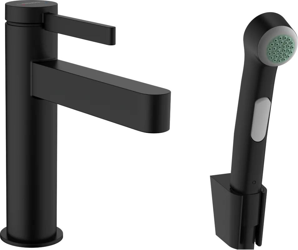 Смеситель для раковины Hansgrohe Finoris 110 76210670 с гигиеническим душем, матовый черный Sancos — официальный сайт