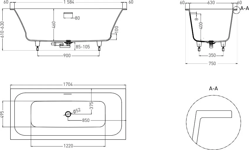 Ванна из искусственного камня Salini Orlanda Axis Kit S-Sense 170x75 см, встраиваемая, матовая белая Sancos — официальный сайт