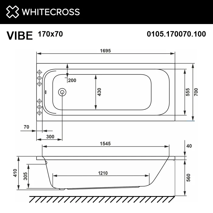 Акриловая ванна WHITECROSS Vibe 170x70 см, пристенная, белая Sancos — официальный сайт