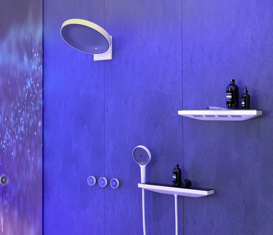 Шланговое подключение Hansgrohe Rainfinity Porter 500 26843700, с полкой и держателем Sancos — официальный сайт
