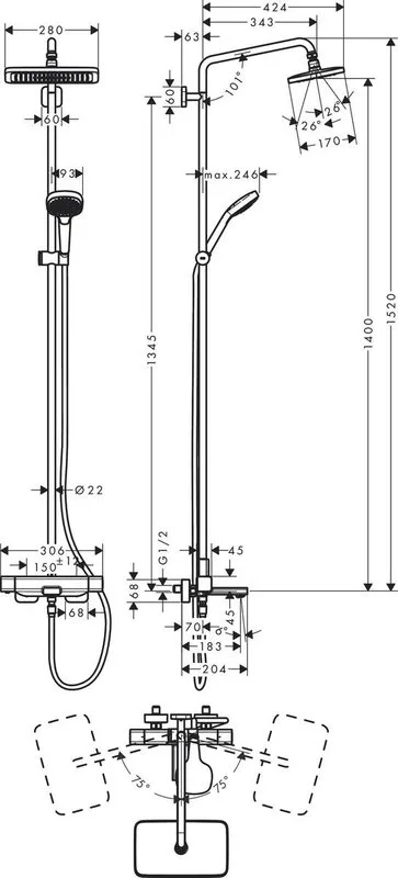 Душевая стойка Hansgrohe Croma 27687000, для ванны с душем, с термостатом Sancos — официальный сайт