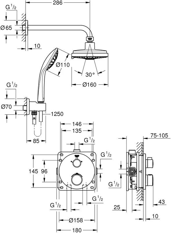 Душевой комплект Grohe Grohtherm 34735000, С ВНУТРЕННЕЙ ЧАСТЬЮ, с термостатом Sancos — официальный сайт