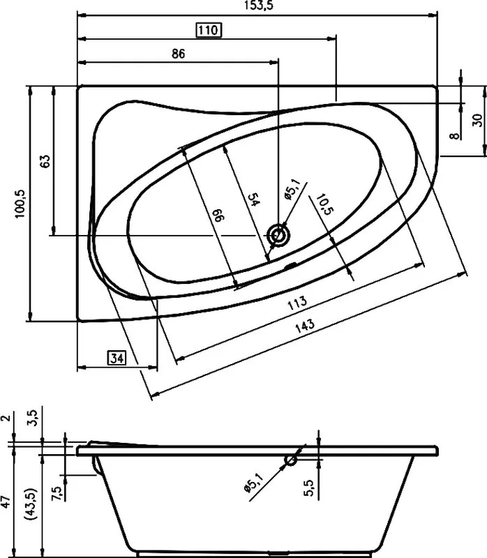 Акриловая ванна Riho Lyra R 155x100 см, угловая, правая, пристенная, белая, асимметричная, на ножках Sancos — официальный сайт