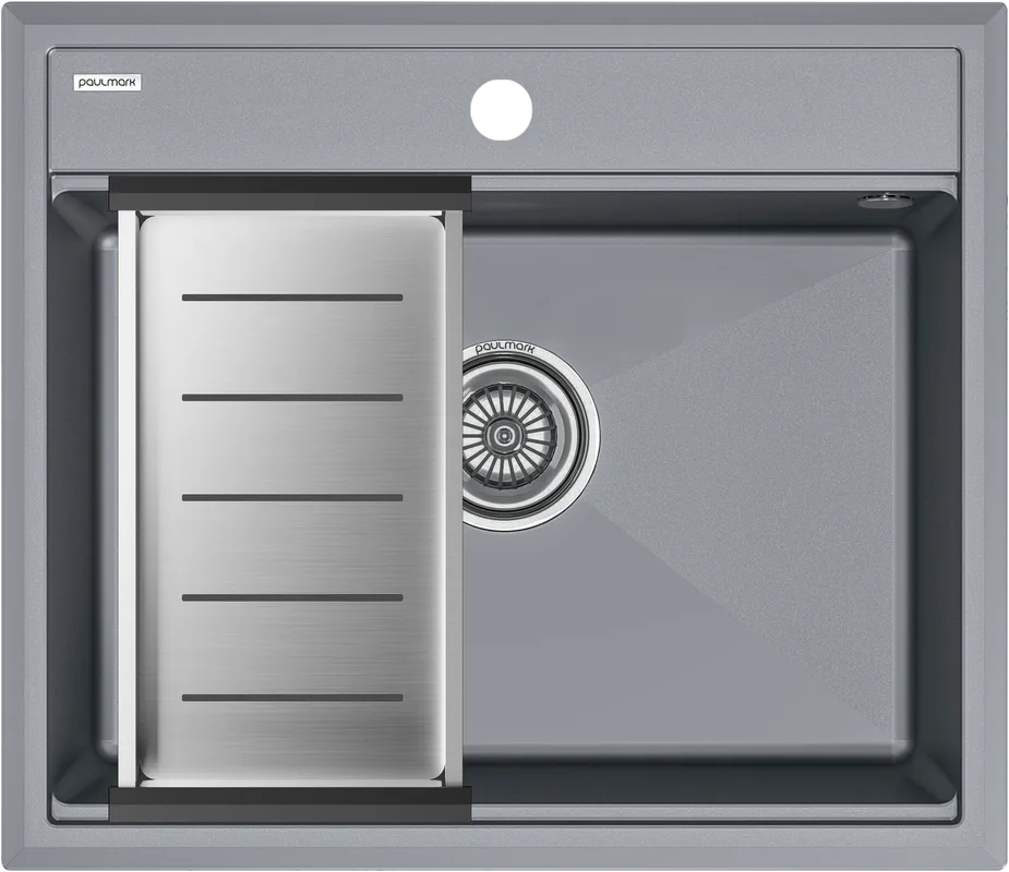 Мойка кухонная Paulmark Stepia PM115951-GRM+A375-BS с коландером, серый металлик Sancos — официальный сайт