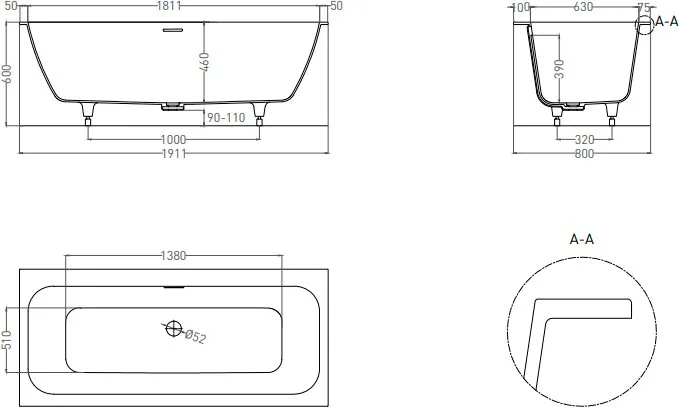 Ванна из искусственного камня Salini Orlanda Axis Kit S-Sense 190x80 см, встраиваемая, белая, на нож Sancos — официальный сайт