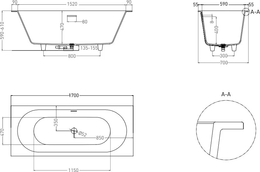 Ванна из искусственного камня Salini Ornella Axis Kit S-Sense 170x70 см, встраиваемая, матовая белая Sancos — официальный сайт
