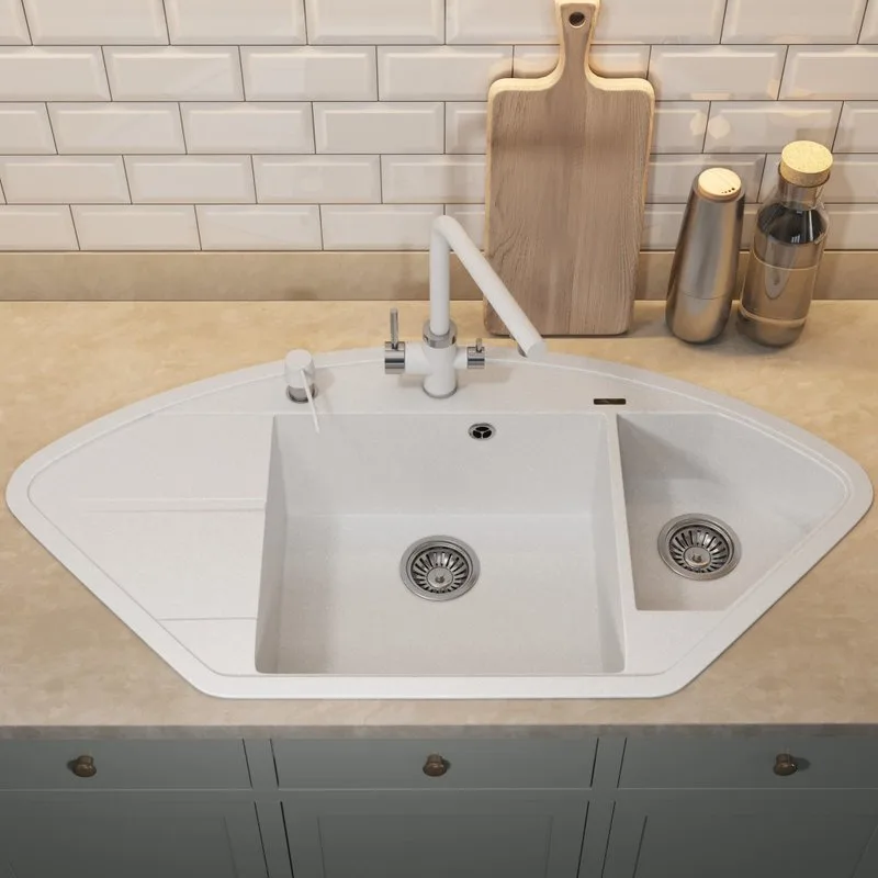 Кухонная мойка кварцевая Uperwood Quartz UPD-06-01, угловая двухсекционная, белая Sancos — официальный сайт