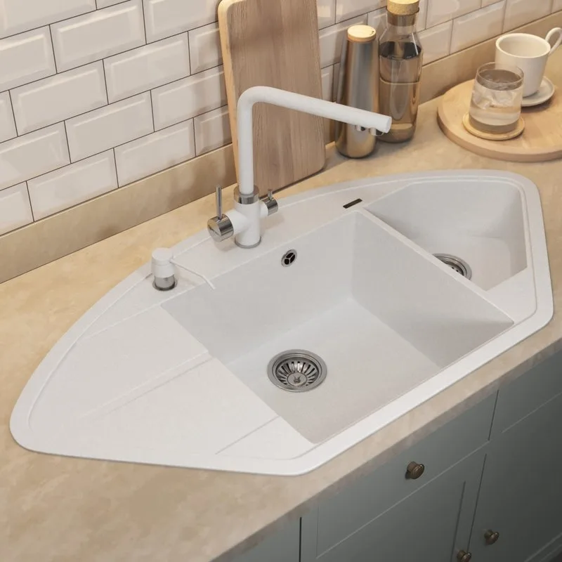 Кухонная мойка кварцевая Uperwood Quartz UPD-06-01, угловая двухсекционная, белая Sancos — официальный сайт