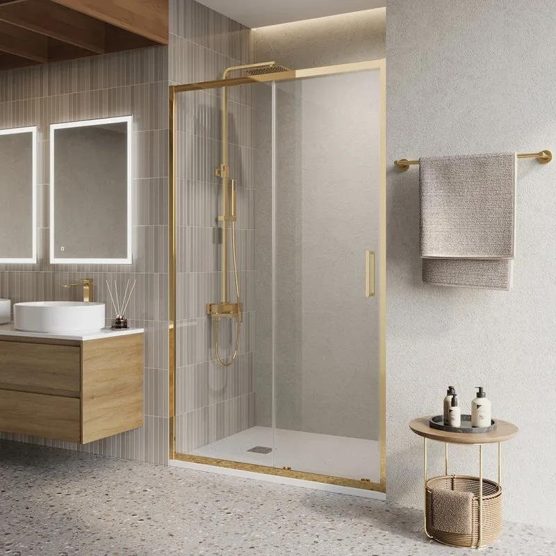 Душевая дверь в нишу BelBagno Luce BF-1-100-C-ORO профиль золото, стекло прозрачное Sancos — официальный сайт