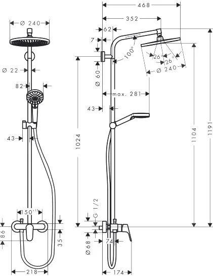 Душевая стойка Hansgrohe Crometta S 240 1jet Showerpipe EcoSmart 27269000, 9 л Sancos — официальный сайт