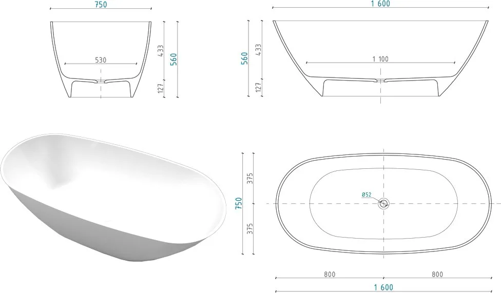 Ванна из искусственного камня WHITECROSS Onyx D 160x75 см, отдельностоящая, белая, овальная, с донны Sancos — официальный сайт