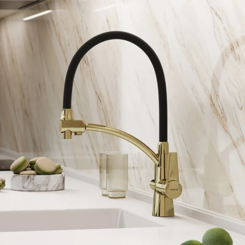 Смеситель для кухни Sancos Eri SC4001ZG с гибким изливом, полированное золото Sancos — официальный сайт