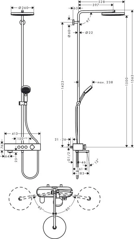 Душевая стойка Hansgrohe Pulsify S Showerpipe 260 1jet 24230000, хром Sancos — официальный сайт