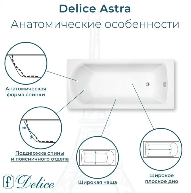 Ванна из литьевого мрамора Delice Astra 160х70 см, пристенная