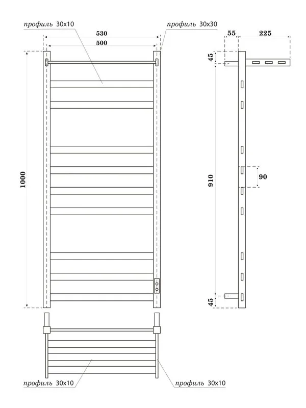 Полотенцесушитель электрический APEXTERMO Терра TR01105BM 100x55 см, подключение справа, слева, скры