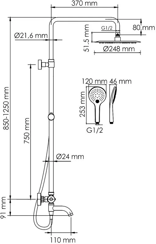 Душевая стойка Wasserkraft Elbe 7400 A288.258.078.BM Thermo, с термостатом, черная Sancos — официальный сайт