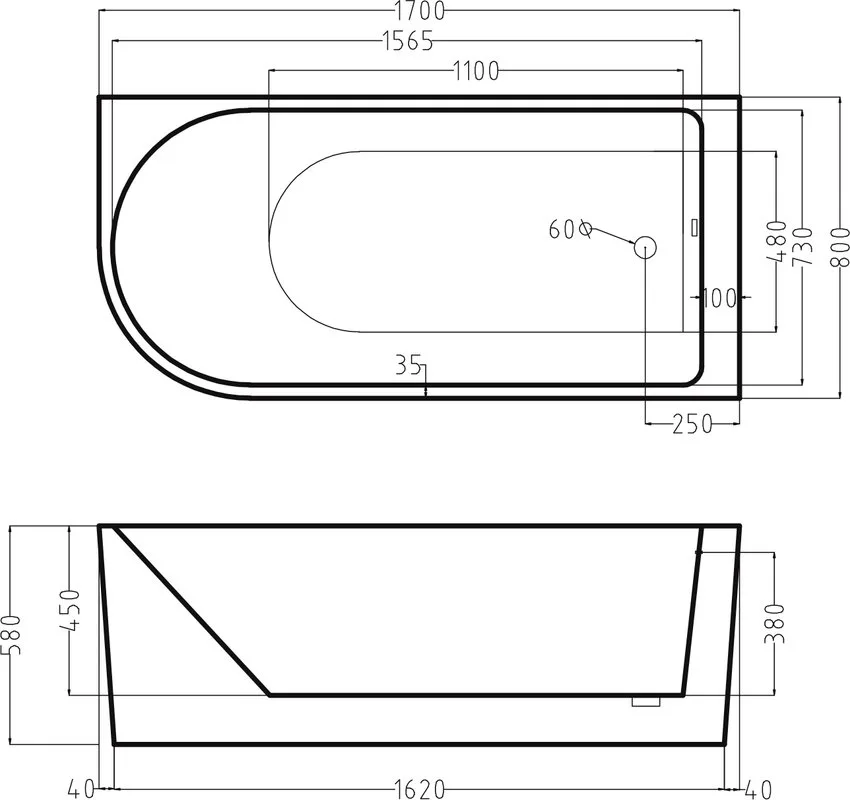 Акриловая ванна Esbano Afina L 170x80 см, левая, отдельностоящая, белая, асимметричная, со сливом-пе Sancos — официальный сайт