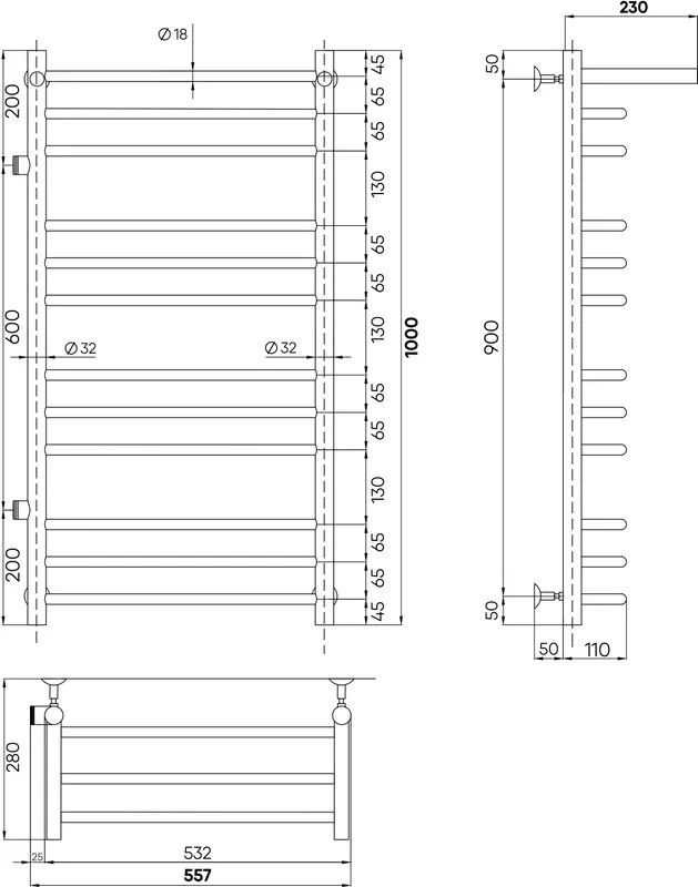 Полотенцесушитель водяной Indigo Brace LBCW100-50PBRL-б/п-60, с полкой, черный муар Sancos — официальный сайт