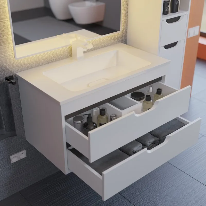 Тумба под раковину без столешницы Uperwood Modul 80 подвесная, 2 ящика, матовая белая, графит Sancos — официальный сайт