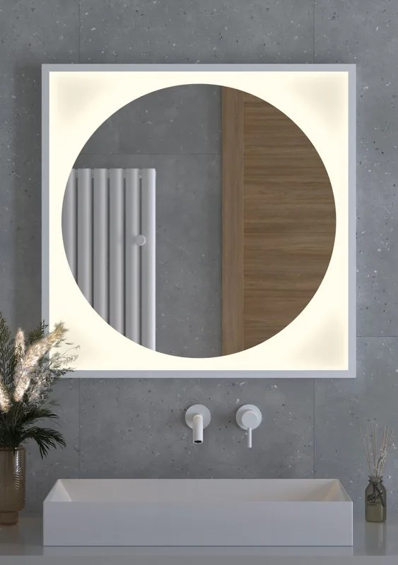 Зеркало Defesto Eclipse DF2238 80х80 белая рама, с LED-подсветкой