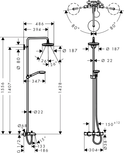 Душевая стойка Hansgrohe Croma 2jet Select S 180, 27351400 Sancos — официальный сайт