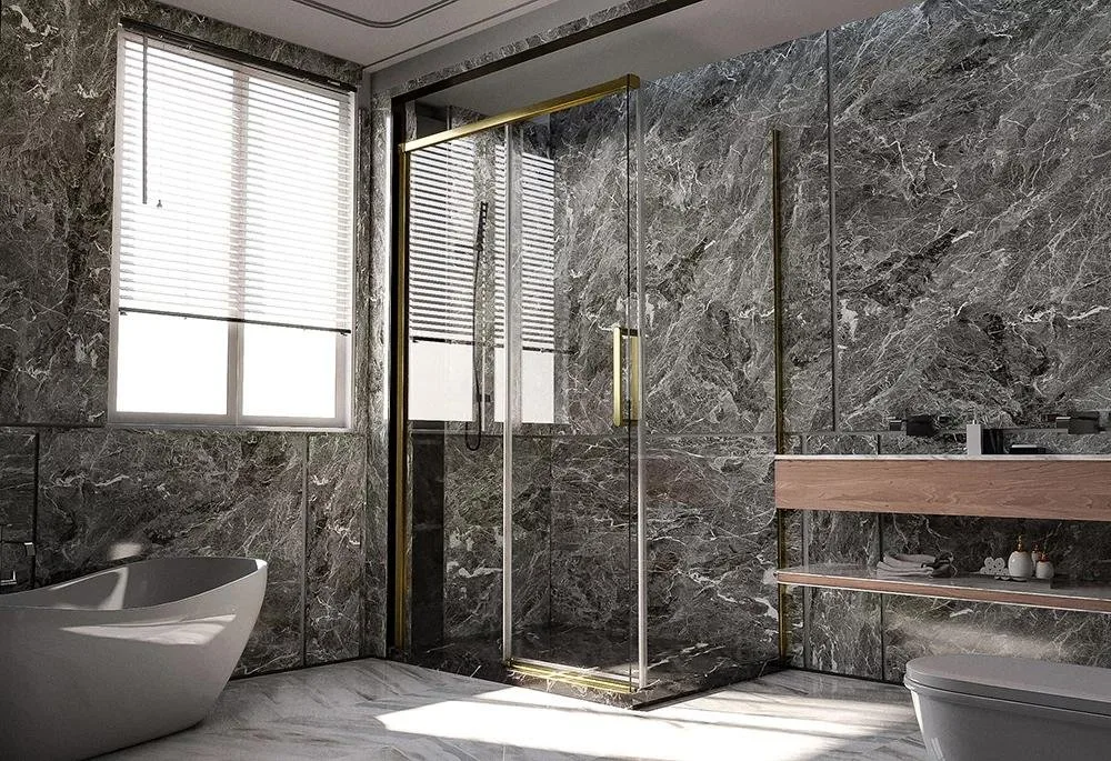 Дверь для душевого уголка Veconi Premium Trento PTD-40G 150 см, профиль брашированное золото, стекло Sancos — официальный сайт