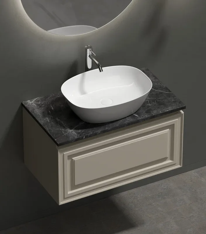 Тумба с раковиной Sancos Very 80 см, beige soft, столешница черный мрамор, раковина CN5005 Sancos — официальный сайт