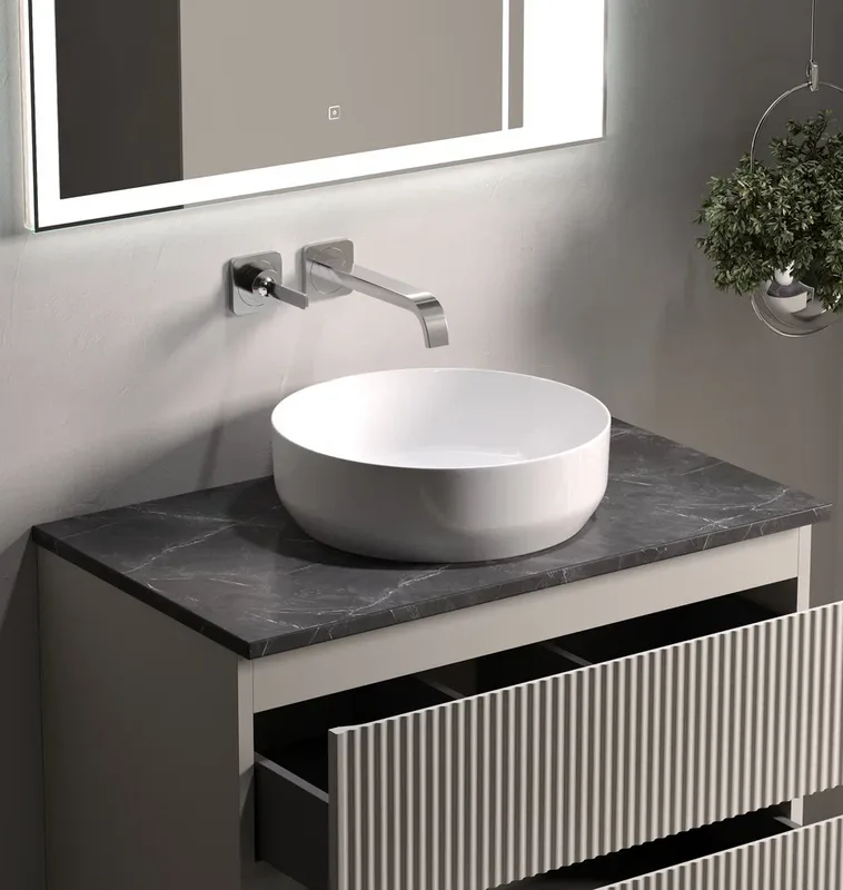 Тумба с раковиной Sancos Snob R 80 см, beige soft, столешница черный мрамор, раковина CN6022 Sancos — официальный сайт